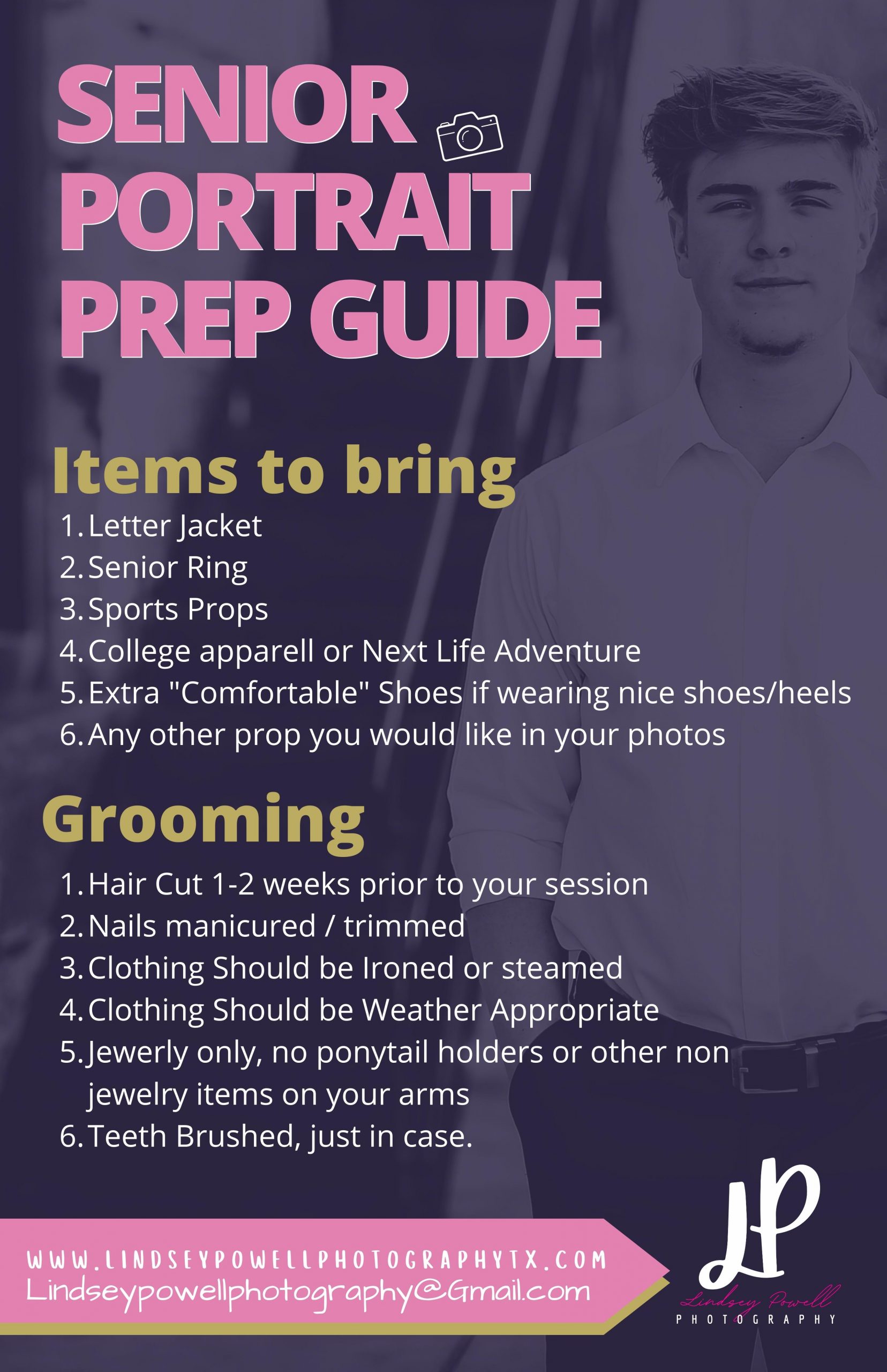 Informing photography clients about prepping for their upcoming session.
Senior Portrait Prep Guide.